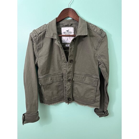 Hollister Olive Green Stretch Cropped Military Jacket Small With Buttoned Pocket - Picture 1 of 8